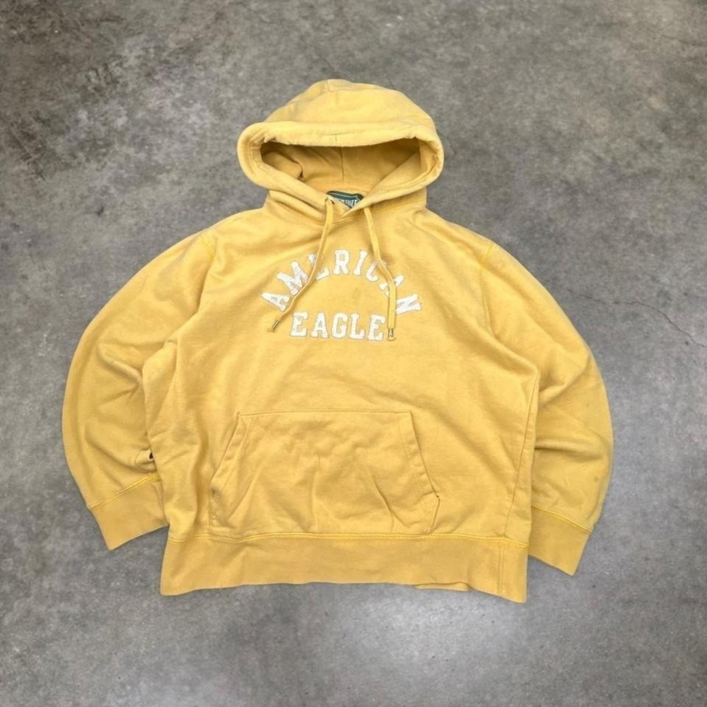 American Eagle Spellout Hoodie Yellow Pullover XL Y2K